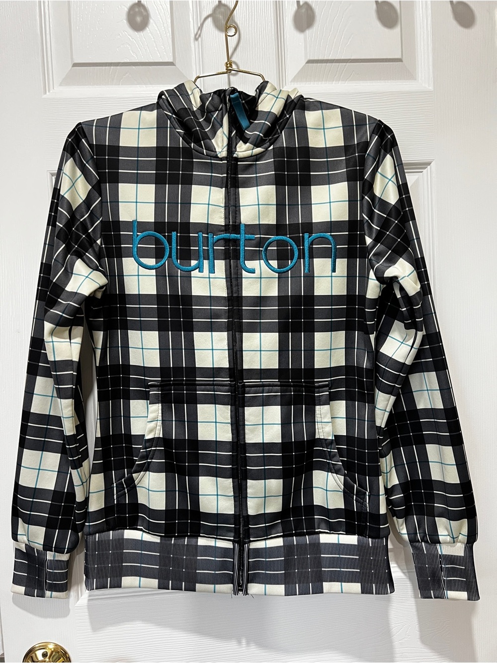 Burton DryRide Plaid Fleece Lined Hooded Jacket Ski Black Blue Long Sleeve Small